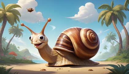 The laughter of carefree fun with Snickers the Snail a snazzy mollusk with a bowtie and a cane sliding gracefully and telling jokes