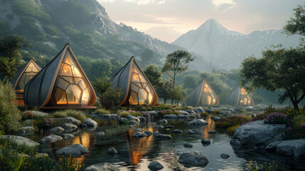 Eco-friendly cabins with geometric design nestled in a serene mountain landscape by a river, surrounded by lush greenery and rocks at dusk.