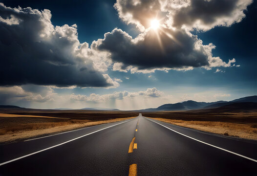 Asphalt road and sky clouds background stock photo