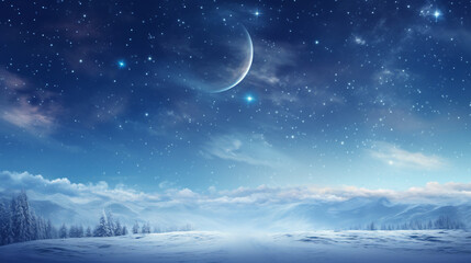 Naklejka na ściany i meble Beautiful winter landscape scene with snow and moon 
