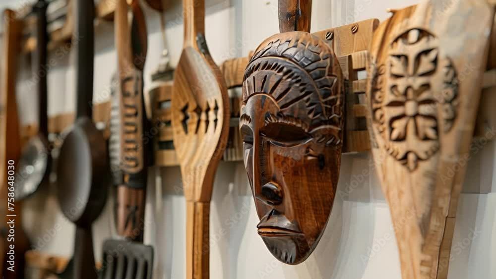 Poster a selection of handcarved wooden ss and utensils each with its own distinct shape and design hanging