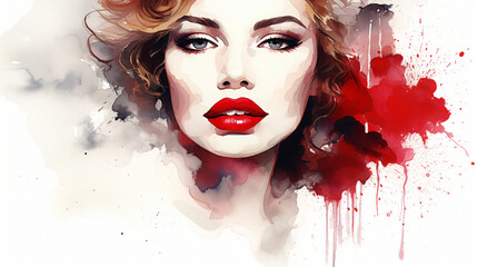 Beautiful Women Dark Red Lips With Brush Strokes Water
