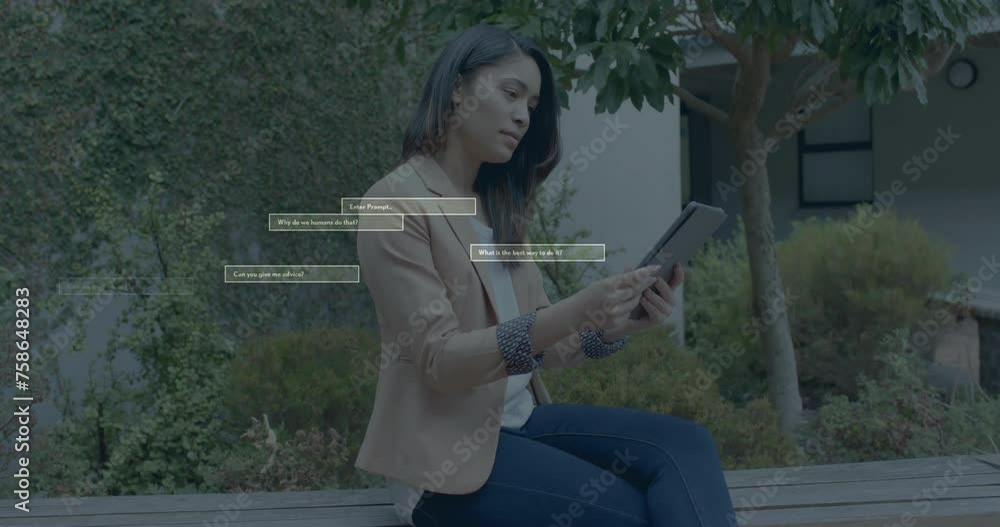 Poster animation of ai data processing over biracial woman using tablet in school