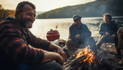 Tuinposter Two men sitting by a fire by a lake © terra.incognita