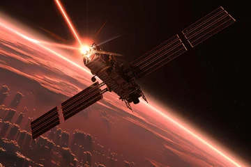 Fototapeten A laser communications satellite establishing high-speed links between Earth and Mars. © Amazing-World