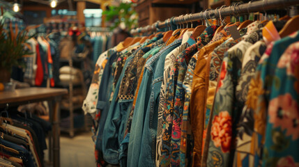 Rows of various colorful garments hang on metal racks in a cozy vintage clothing store, with a warm ambiance and soft focused background.