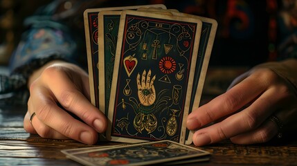 Close-up of a hand holding vintage tarot cards, mysterious and moody atmosphere captured in dim ambient light. evoke the mystique with this unique image. AI