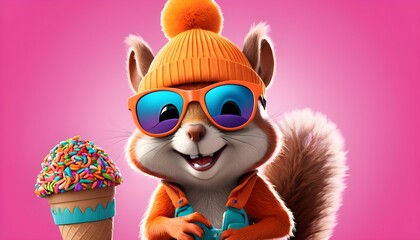 The whimsy of imaginative play with Sprinkles the Squirrel a nutty critter with a propeller beanie and oversized sunglasses against a colorful plain background