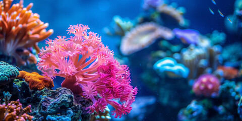 Fototapeta na wymiar Vibrant Coral Ecosystem. Radiant pink coral branching out in deep blue waters.