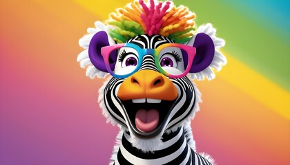 An image of laughter inducing antics with Zippy the Zebra a zany striped character with oversized glasses and a rainbow colored afro bursting with energy against a vivid plain backdrop