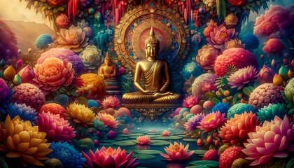 Serenity in Color. Buddha's Peaceful Repose in a Floral Oasis