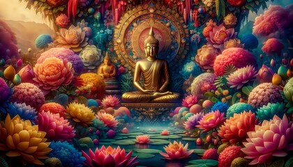 Fototapeta premium Serenity in Color. Buddha's Peaceful Repose in a Floral Oasis
