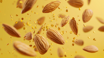 Almonds flying on a yellow background. - obrazy, fototapety, plakaty