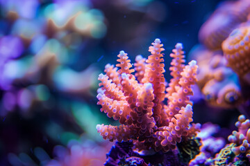 Vibrant Coral Ecosystem. Radiant pink coral branching out in deep blue waters.