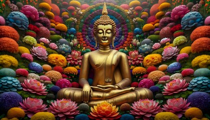 Fototapeta premium Serenity in Color. Buddha's Peaceful Repose in a Floral Oasis