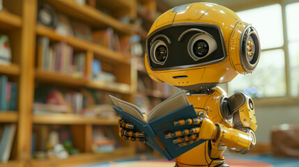 Fototapeta premium A cute yellow robot with big black eyes and a friendly appearance holds an open book. It appears to be reading and is positioned in a cozy library