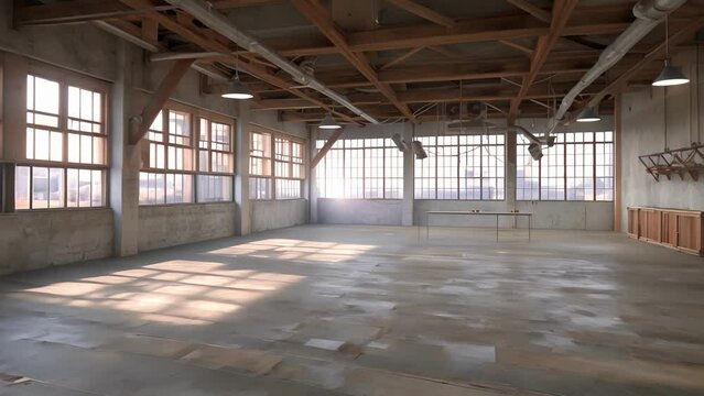 A loft with an industrial aesthetic featuring exposed beams and pipes and an unobstructed view of the entire floor.