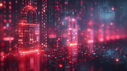 Abstract digital concept of cybersecurity with a stylized padlock integrated into a background of glowing binary code and circuit lines, symbolizing data protection, encryption
