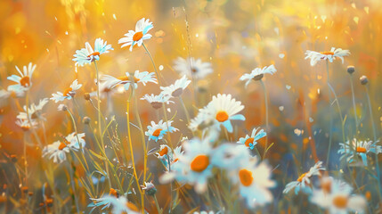Blurred background of daisies on the Indian summer field - obrazy, fototapety, plakaty
