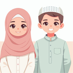 Illustration of cute Muslim boy and girl couple with cap and headscarf