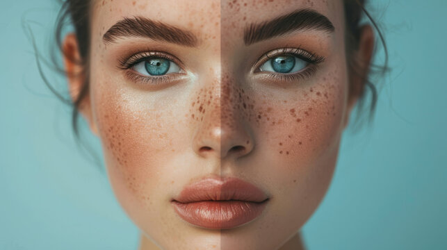 The image features a woman's face split into two parts: one side with makeup and the other without. This comparison is set against a blue background.