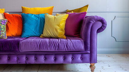 Close-up of a purple sofa with colorful pillows