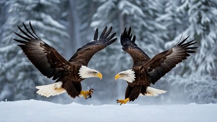 Adult Bald Eagle flight in storm. Winter landscape. 