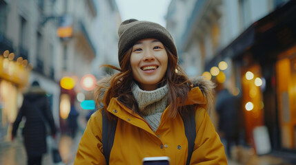A joyful young woman in a yellow jacket and winter accessories smiles while looking away from the camera, holding a smartphone, with city lights softly blurred in the background.