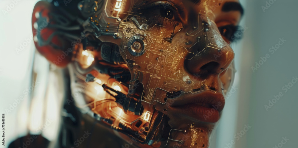 Poster close-up of a humanoid robot with intricate circuitry and mechanical components beneath its surface,