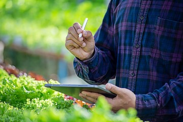 Futuristic businessman farms vegetables and crops using modern AI technology using mobile phones,...
