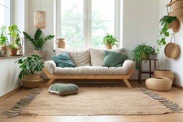 Interior of modern cozy living room in Scandi style. Stylish sofa with pillows, braided rug on the floor, wicker interior items, indoor plants. Contemporary home design. Mockup.