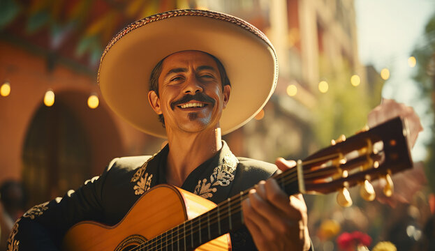 Happy Man Mariachi musician playing guitar at Cinco de Mayo festival.Cinco De Mayo - Mexico's national holiday