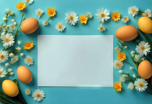 Easter composition. Easter eggs flowers paper blank on pastel blue background. Flat lay top view copy space stock photo