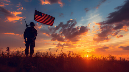 Soldier and USA flag on sunrise background.  Greeting card for Veterans Day, Memorial Day. generative ai  - obrazy, fototapety, plakaty