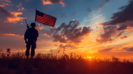 Fotobehang Soldier and USA flag on sunrise background.  Greeting card for Veterans Day, Memorial Day. generative ai  © Malaika