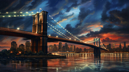Brooklyn Bridge at night Powerful night sky Oil painting - obrazy, fototapety, plakaty