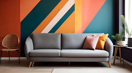Modern living room interior design with  colorful  sofa set and colorful wall design. minimal living room design. colorful wall ,  minimal sofa 