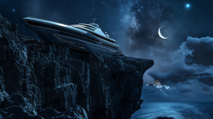 luxury cruise ship stuck on the edge of rock cliff in the night with sea of clouds, stars and...