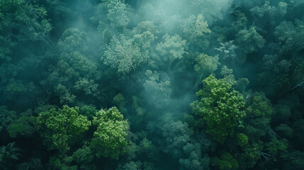 Aerial view of a dense, lush green forest canopy shrouded in mist, capturing the essence of a tranquil and mysterious wilderness. - obrazy, fototapety, plakaty