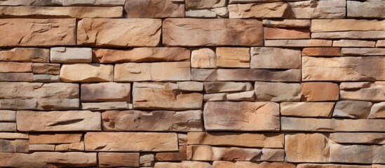 A detailed closeup of a brown brick wall showcasing the rectangular bricks made of composite materials, resembling a stone wall with a mix of wood and rock elements
