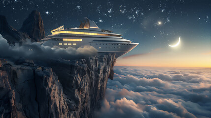 cruise ship stuck on the edge of rock cliff in the night with sea of clouds, stars and crescent moon