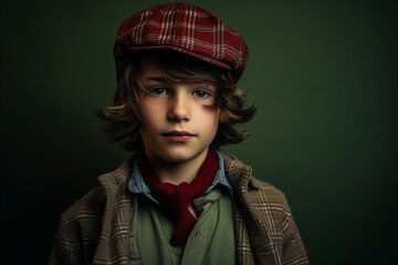 Portrait of a cute boy in a cap and coat. Retro style.