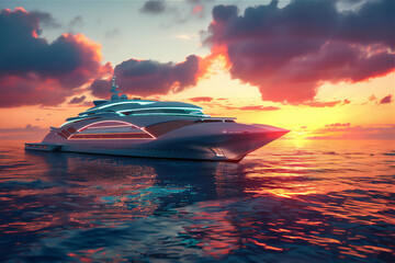 Luxury futuristic cruise ship in the sea at sunset