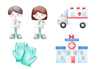 Set of medical elements include staffs, ambulance, glove, hospital cute doodle watercolor, hand draw