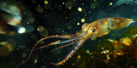 Obraz na płótnie Canvas Squid Gliding in the Deep Blue. A glittering squid, effortlessly navigating the marine depths
