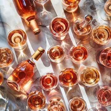 Many glasses and bottles of rose wine on white background. Top view, flat lay design. Direct sunlight with strong shadows. Toned image. Concept of rose wine, wine tasting and variety.