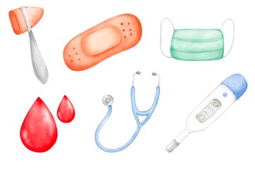Set of medical elements,hammer jerk, plaster bandage, face mask, blood, stethoscope, thermometer, cute doodle watercolor, hand draw