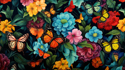 Butterflies and flowers seamless repeat pattern oil paint