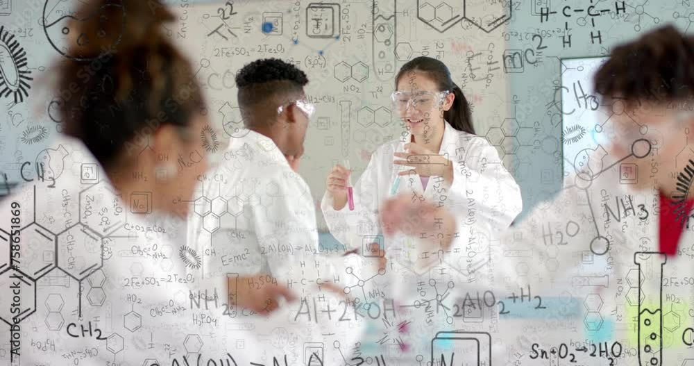 Aufkleber animation of scientific data processing over diverse students in laboratory