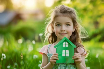Fotobehang Little girl holds green house cut out of paper on spring background with flowers and grass, focus to child face, concept eco home building © ArtisanSamurai